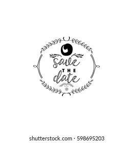 Badge as part of the design - Save the Date Sticker, stamp, logo - for design, hands made. With the use of floral elements, calligraphy and lettering