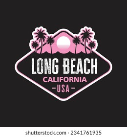 Badge Patch of Long Beach California for Stickers vector illustration with silhouette of palm trees and ocean sunset