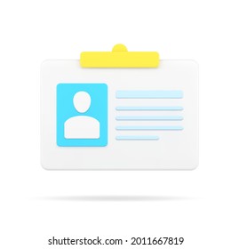 Badge with personal data 3d icon. ID card with user photo and information. Identity document for company employees and those invited to conference. Access for events. Realistic isolated vector