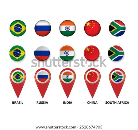 badge and pin of brazil, russia, india, china and south africa with flag country on white background for icon logo web graphic. vector illustration.