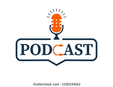 Badge Podcast. Podcast radio icon illustration. Studio table microphone with broadcast text. microphone Icon