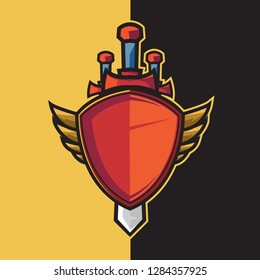 Badge red winged shield and sword for esport logo design ornament