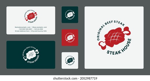 badge restaurant steak house logo design vector with business card template