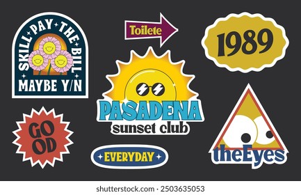 Badge Retro Funky Stickers. sun, years, eyes, triangle, sun flowers, toilete, good for your stuff