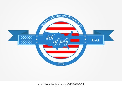 Badge and ribbon for Fourth of July, Independence Day of the United States of America. US flag in a circle and USA map with beautiful sign in it. 