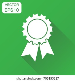 Badge with ribbon icon. Business concept award pictogram. Vector illustration on green background with long shadow.
