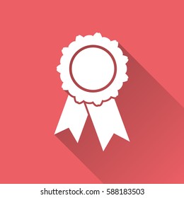 Badge with ribbon icon. Vector illustration in flat style on red background with long shadow.
