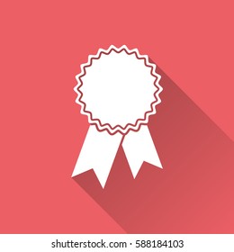 Badge with ribbon icon. Vector illustration in flat style on red background with long shadow.