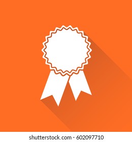 Badge with ribbon icon. Vector illustration in flat style on orange background with long shadow.