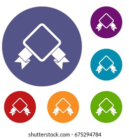 Badge with ribbon icons set in flat circle reb, blue and green color for web