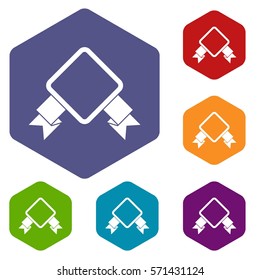 Badge with ribbon icons set rhombus in different colors isolated on white background