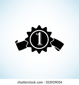 badge with ribbons -  black vector icon
