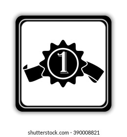 badge with ribbons  - black vector icon