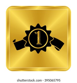 badge with ribbons - black vector icon;  gold button