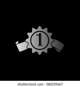 badge with ribbons -  black vector icon
