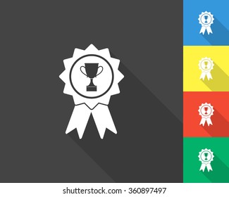 badge with ribbons icon - gray and colored (blue, yellow, red, green) vector illustration with long shadow