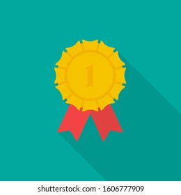 Badge with ribbons icon with long shadow on blue background, flat design style