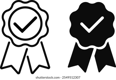 Insignia con el icono de las cintas fijado. Marca de verificación de signo de adjudicación. Marca de verificación de Aprobación y pulgar hacia arriba en la medalla