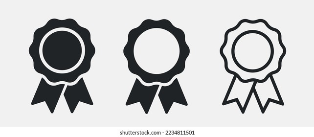 Insignia con iconos de cintas. Juego de tres íconos de medallas. Ganador de premios, premios, medallas o insignias. Ilustración vectorial aislada en fondo blanco.