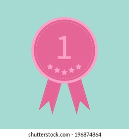 Badge with ribbons and number one . Five stars. Award icon in flat design style. Dash line. Vector illustration
