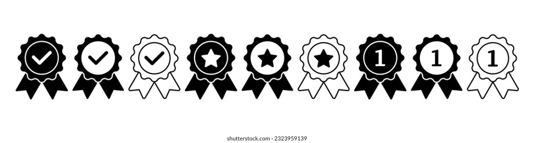 Badge with ribbons, rosette, medal, quality, winning icon set