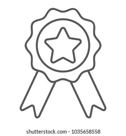 Badge with ribbons thin line icon, e commerce and award, quality sign vector graphics, a linear pattern on a white background, eps 10.