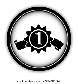 badge with ribbons - vector icon; round  button with shadow