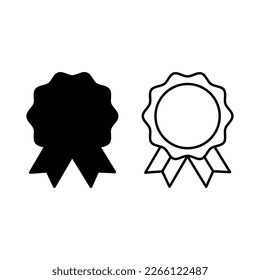 Badge with ribbons. Winner medal icon. Black and outlined award symbol. Flat vector illustration.