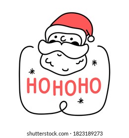 Badge with santa's face - hohoho. Hand drawn illustration for greeting card, stickers, t shirt, posters, flyers design. 