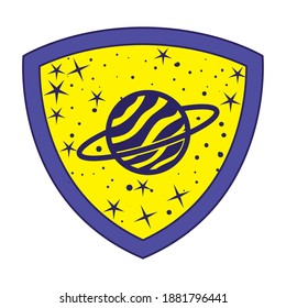 badge with saturn in it over a white background vector illustration design