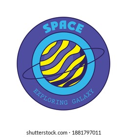 badge with saturn in it and space exploring galaxy lettering vector illustration design