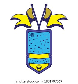 badge with saturn in it and two flag vector illustration design