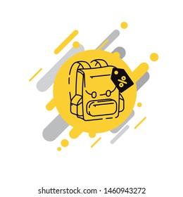 Badge with school backpack on a white background. School supplies in the promotion. Vector illustration.