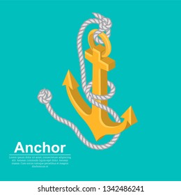 Badge a sea anchor with a rope.Ship equipment.Symbol of rescue, hope.3D. Isometry.Vector illustration on the isolated background.
