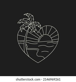 Badge with sea, sun and palm tree in the shape of a heart. Hand-drawn outline vector illustration.