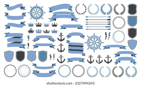 Badge, seal, laurel wreath and vintage crown, arrow, anchor and shield symbols. Vector nautical heraldry elements set with retro ship helms, lightnings and ribbon banners, navy emblem and insignia