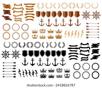 Badge, seal, laurel wreath and vintage crown, arrow, anchor and shield, vector symbols. Marine heraldic elements or sea sailor heraldry icons of ship helm and royal crown for nautical navy yacht club