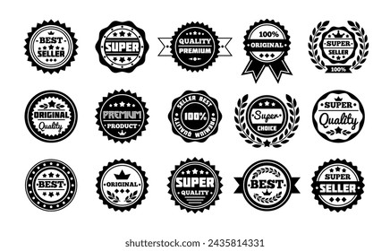 Badge seal, quality emblems. Warranty label certificate guarantee, stamp design, banner sticker sale design tag, ribbon retro icon sign element. Black silhouette vector tidy vintage style isolated set