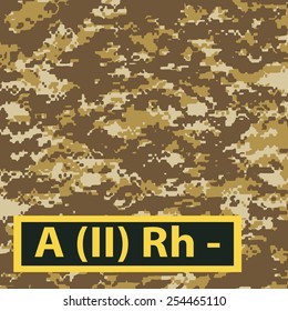 Badge of the second group of blood with a negative Rh on a light brown camouflage background. Vector illustration.