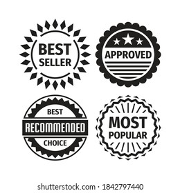 Badge set - best seller, approved, best choice recommended, most popular. Concept business logo emblem sticker collection. Monochrome black color. Vector illustration. 