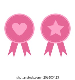 Badge set with heart star star heart  and ribbons. Award icon in flat design style. Dash line. Vector illustration