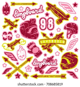 Badge set of longboarding equipment. Graphic design for sticker and t-shirt. Color print on white background