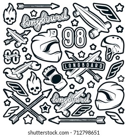 Badge set of longboarding equipment. Graphic design for sticker and t-shirt. Monochrome print on white background