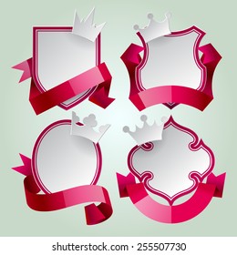 Badge set with red ribbon and paper crown. Retro design elements. Vector Illustration