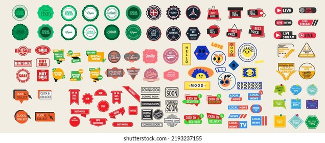 Badge set symbol element design icon and label quality emblem. Sticker premium business banner vector illustration. Guarantee seal stamp and insignia award. Sale frame product collection and commerce