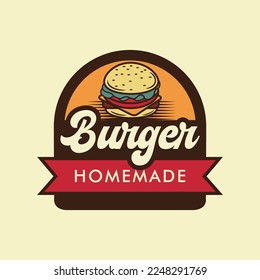 badge shape burger logo design with ribbon badges, banner, labels and logo for hamburger, burger shop. Simple and minimal design. Vector illustration