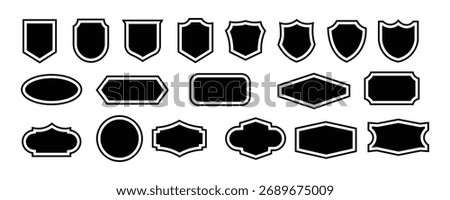 Badge shape icon set vector on white background.  frame, border, tag, banner, emblem, shield, crest, insignia, award, certificate, seal, stamp, ribbon, vintage, symbol.