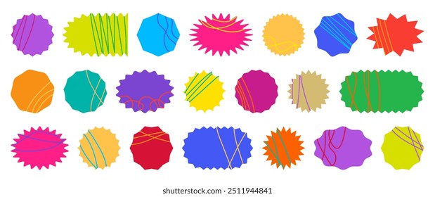 Badge shape, sticker star burst, sale price tag, sun label, discount icon isolated on white background. Social media element. Retro color banner. Promotion set different pattern. Vector illustration