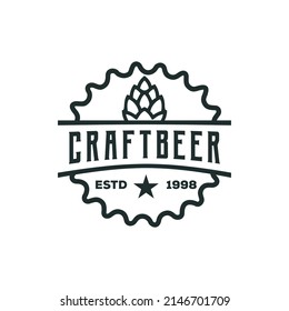 Badge Shaped Beer Bottle Cap With Hops CRAFT BEER Text And Asterisk Vector Illustration. Line Art