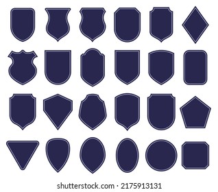 Formas de insignia. Plantilla de parche, diferentes orígenes de insignias y conjunto vectorial de cuadro de etiqueta vintage. Parches de seguridad o de servicio de emergencia, colección aislada de protección azul